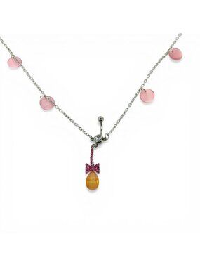 Belly Ring Chain Body Jewelry Silver/Pink Rhinestone Bow & Amber Drop Pendant